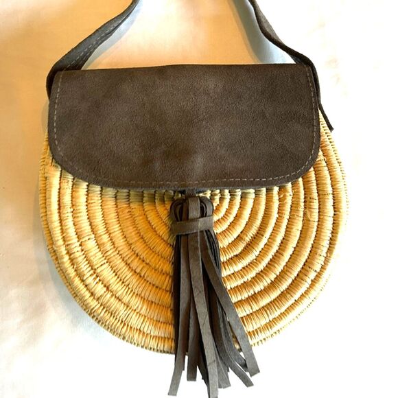 Handmade Raffia Rattan & Leather Moroccan Tassel Crossbody Banjo Shoulder Bag - Picture 2 of 12